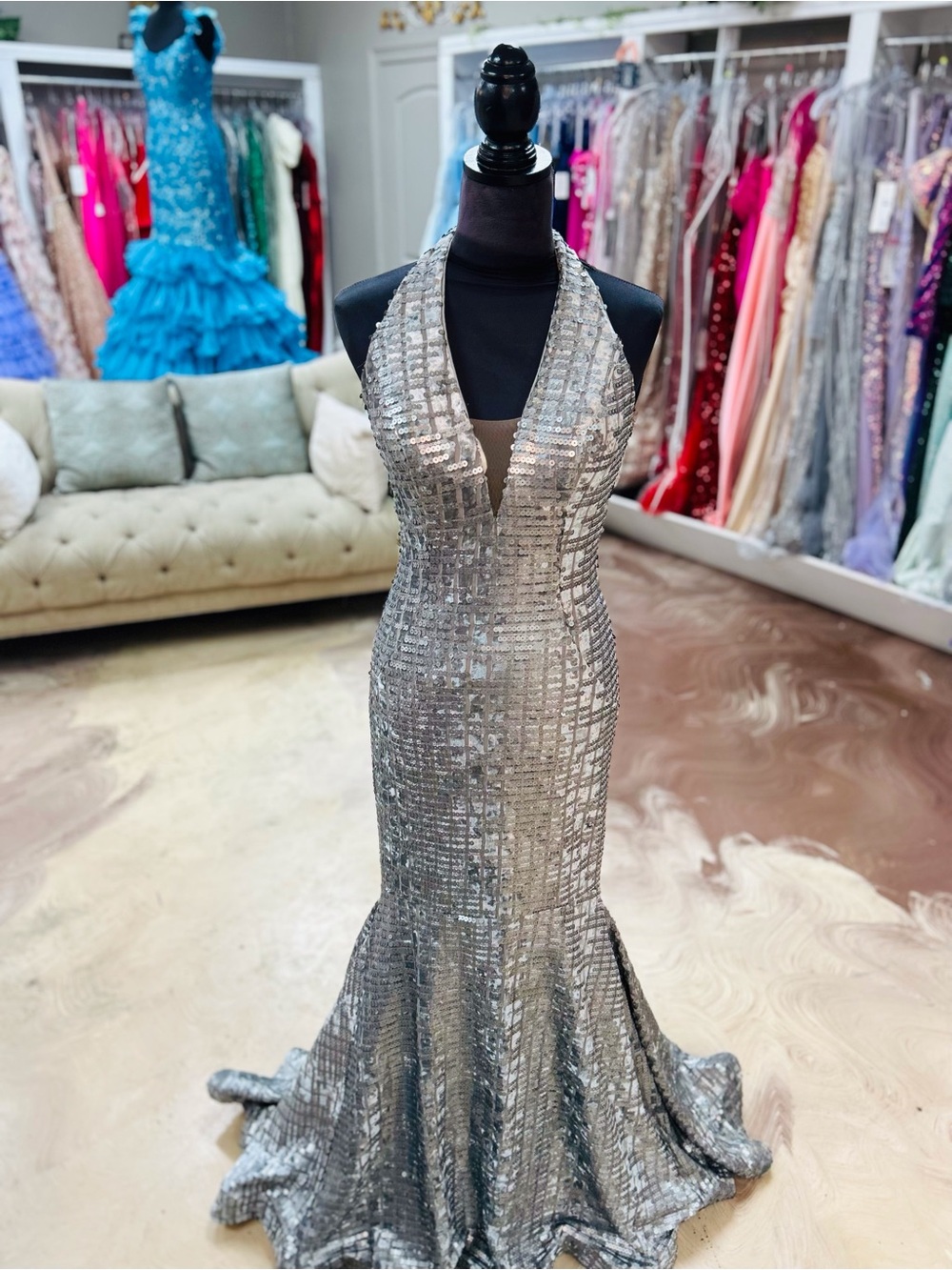 Silver Sequin Halter Mermaid Prom Dress